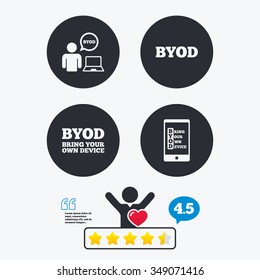 BYOD icons. Human with notebook and smartphone signs. Speech bubble symbol. Star vote ranking. Client like and think bubble. Quotes with message.