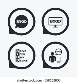 BYOD icons. Human with notebook and smartphone signs. Speech bubble symbol. Flat icon pointers.