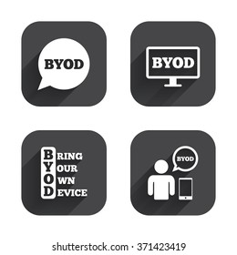 BYOD icons. Human with notebook and smartphone signs. Speech bubble symbol. Square flat buttons with long shadow.