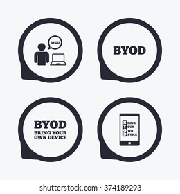 BYOD icons. Human with notebook and smartphone signs. Speech bubble symbol. Flat icon pointers.