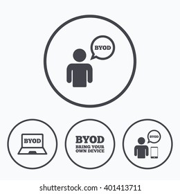 BYOD icons. Human with notebook and smartphone signs. Speech bubble symbol. Icons in circles.