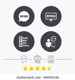 BYOD icons. Human with notebook and smartphone signs. Speech bubble symbol. Chat, award medal and report linear icons. Star vote ranking. Vector