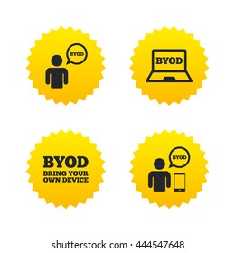 BYOD icons. Human with notebook and smartphone signs. Speech bubble symbol. Yellow stars labels with flat icons. Vector