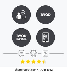 BYOD icons. Human with notebook and smartphone signs. Speech bubble symbol. Chat, award medal and report linear icons. Star vote ranking. Vector