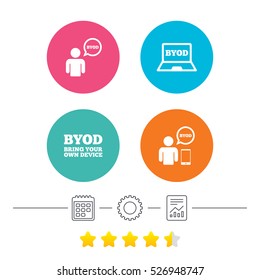 BYOD icons. Human with notebook and smartphone signs. Speech bubble symbol. Calendar, cogwheel and report linear icons. Star vote ranking. Vector