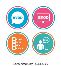 BYOD icons. Human with notebook and smartphone signs. Speech bubble symbol. Colored circle buttons. Vector