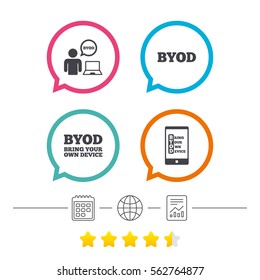 BYOD icons. Human with notebook and smartphone signs. Speech bubble symbol. Calendar, internet globe and report linear icons. Star vote ranking. Vector