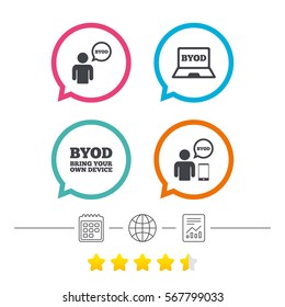 BYOD icons. Human with notebook and smartphone signs. Speech bubble symbol. Calendar, internet globe and report linear icons. Star vote ranking. Vector