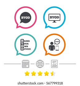 BYOD icons. Human with notebook and smartphone signs. Speech bubble symbol. Calendar, internet globe and report linear icons. Star vote ranking. Vector