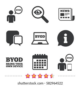 BYOD icons. Human with notebook and smartphone signs. Speech bubble symbol. Newspaper, information and calendar icons. Investigate magnifier, chat symbol. Vector