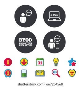 BYOD icons. Human with notebook and smartphone signs. Speech bubble symbol. Calendar, Information and Download signs. Stars, Award and Book icons. Light bulb, Shield and Search. Vector