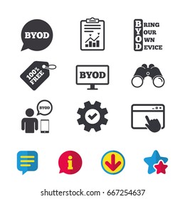 BYOD icons. Human with notebook and smartphone signs. Speech bubble symbol. Browser window, Report and Service signs. Binoculars, Information and Download icons. Stars and Chat. Vector