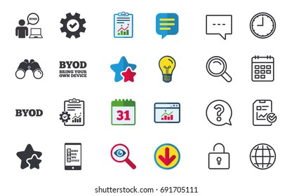 BYOD icons. Human with notebook and smartphone signs. Speech bubble symbol. Chat, Report and Calendar signs. Stars, Statistics and Download icons. Question, Clock and Globe. Vector