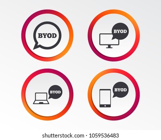 BYOD icons. Notebook and smartphone signs. Speech bubble symbol. Infographic design buttons. Circle templates. Vector