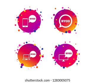 BYOD icons. Notebook and smartphone signs. Speech bubble symbol. Gradient circle buttons with icons. Random dots design. Vector