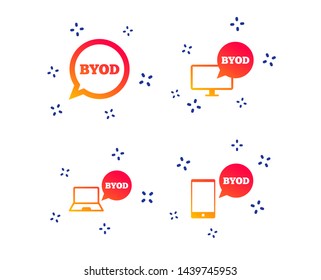 BYOD icons. Notebook and smartphone signs. Speech bubble symbol. Random dynamic shapes. Gradient byod icon. Vector