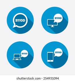 BYOD icons. Notebook and smartphone signs. Speech bubble symbol. Circle concept web buttons. Vector