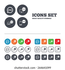 BYOD icons. Notebook and smartphone signs. Speech bubble symbol. Web buttons set. Circles and squares templates. Vector