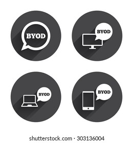 BYOD icons. Notebook and smartphone signs. Speech bubble symbol. Circles buttons with long flat shadow. Vector