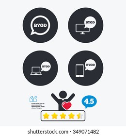 BYOD icons. Notebook and smartphone signs. Speech bubble symbol. Star vote ranking. Client like and think bubble. Quotes with message.