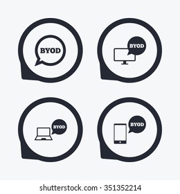 BYOD icons. Notebook and smartphone signs. Speech bubble symbol. Flat icon pointers.