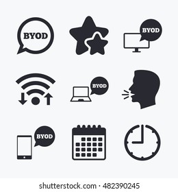 BYOD icons. Notebook and smartphone signs. Speech bubble symbol. Wifi internet, favorite stars, calendar and clock. Talking head. Vector