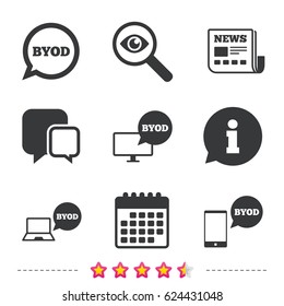 BYOD icons. Notebook and smartphone signs. Speech bubble symbol. Newspaper, information and calendar icons. Investigate magnifier, chat symbol. Vector