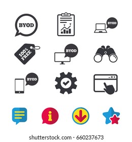 BYOD icons. Notebook and smartphone signs. Speech bubble symbol. Browser window, Report and Service signs. Binoculars, Information and Download icons. Stars and Chat. Vector