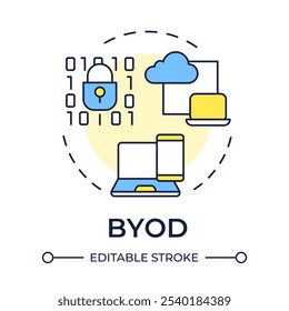 BYOD multi color concept icon. Personal devices usability, corporate. Cloud data, code security. Round shape line illustration. Abstract idea. Graphic design. Easy to use in infographic, presentation