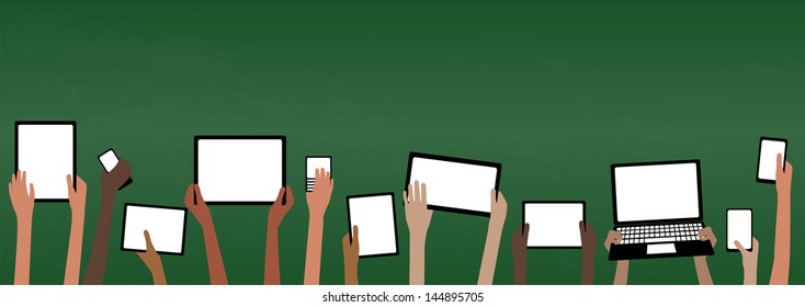 BYOD Remote distance learning during coronavirus quarantine Banner Concept Bring Your own Device children hands holding computer tablet and smartphone devices by Green Chalkboard wit