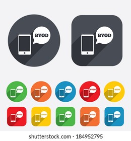 BYOD sign icon. Bring your own device symbol. Smartphone with speech bubble sign. Circles and rounded squares 12 buttons. Vector