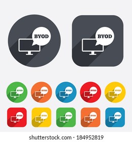 BYOD sign icon. Bring your own device symbol. Monitor tv with speech bubble sign. Circles and rounded squares 12 buttons. Vector