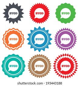 BYOD sign icon. Bring your own device symbol. Speech bubble sign. Stars stickers. Certificate emblem labels. Vector