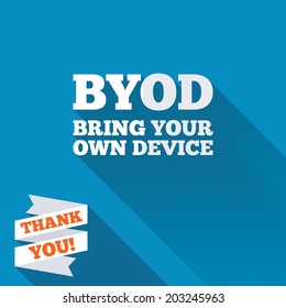 BYOD sign icon. Bring your own device symbol. White flat icon with long shadow. Paper ribbon label with Thank you text. Vector