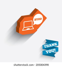 BYOD sign icon. Bring your own device symbol. Notebook with speech bubble sign. White icon on orange 3D piece of wall. Carved in stone with long flat shadow. Vector