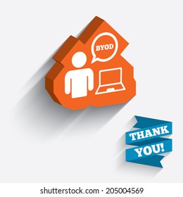 BYOD sign icon. Bring your own device symbol. User with laptop and speech bubble. White icon on orange 3D piece of wall. Carved in stone with long flat shadow. Vector