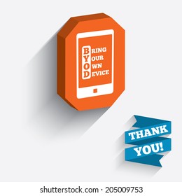 BYOD sign icon. Bring your own device symbol. Smartphone icon. White icon on orange 3D piece of wall. Carved in stone with long flat shadow. Vector