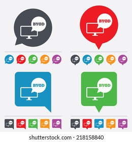 BYOD sign icon. Bring your own device symbol. Monitor tv with speech bubble sign. Speech bubbles information icons. 24 colored buttons. Vector