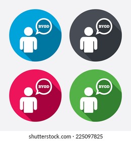BYOD sign icon. Bring your own device symbol. User with speech bubble. Circle buttons with long shadow. 4 icons set. Vector