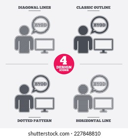 BYOD sign icon. Bring your own device symbol. User with monitor and speech bubble. Diagonal and horizontal lines, classic outline, dotted texture. Pattern design icons.  Vector