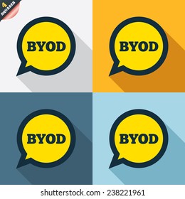 BYOD sign icon. Bring your own device symbol. Speech bubble sign. Four squares. Colored Flat design buttons. Vector