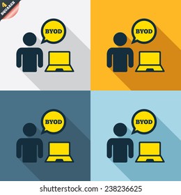BYOD sign icon. Bring your own device symbol. User with laptop and speech bubble. Four squares. Colored Flat design buttons. Vector