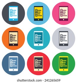 BYOD sign icon. Bring your own device symbol. Smartphone icon. Colored round buttons. Flat design circle icons set. Vector