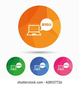 BYOD sign icon. Bring your own device symbol. Notebook with speech bubble sign. Triangular low poly button with flat icon. Vector