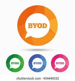 BYOD sign icon. Bring your own device symbol. Speech bubble sign. Triangular low poly button with flat icon. Vector