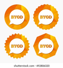 BYOD sign icon. Bring your own device symbol. Speech bubble sign. Triangular low poly buttons with flat icon. Vector