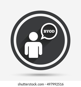 BYOD sign icon. Bring your own device symbol. User with speech bubble. Circle flat button with shadow and border. Vector