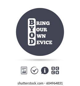 BYOD sign icon. Bring your own device symbol. Report document, information and check tick icons. Currency exchange. Vector