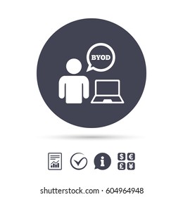 BYOD sign icon. Bring your own device symbol. User with laptop and speech bubble. Report document, information and check tick icons. Currency exchange. Vector