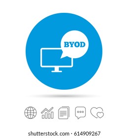 BYOD sign icon. Bring your own device symbol. Monitor tv with speech bubble sign. Copy files, chat speech bubble and chart web icons. Vector